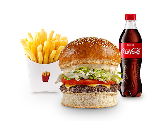 Fryday МЕНЮ (1 Fryday бургер + 1 картошка фри + 1 кока или 1 лимонад)